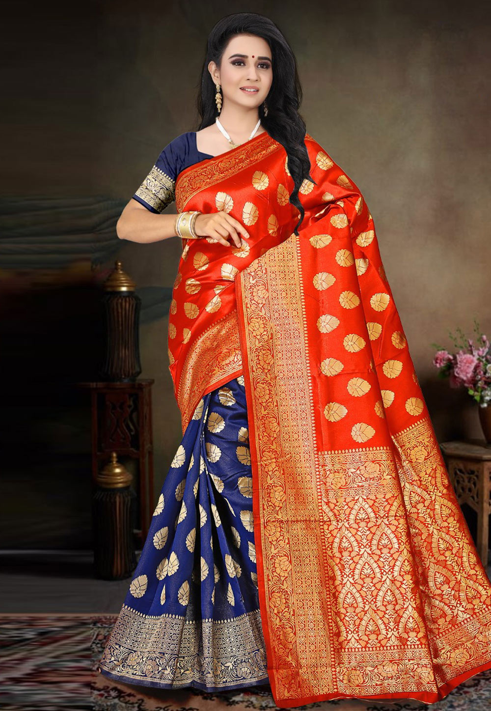 Orange Banarasi Silk Half N Half Saree 205731