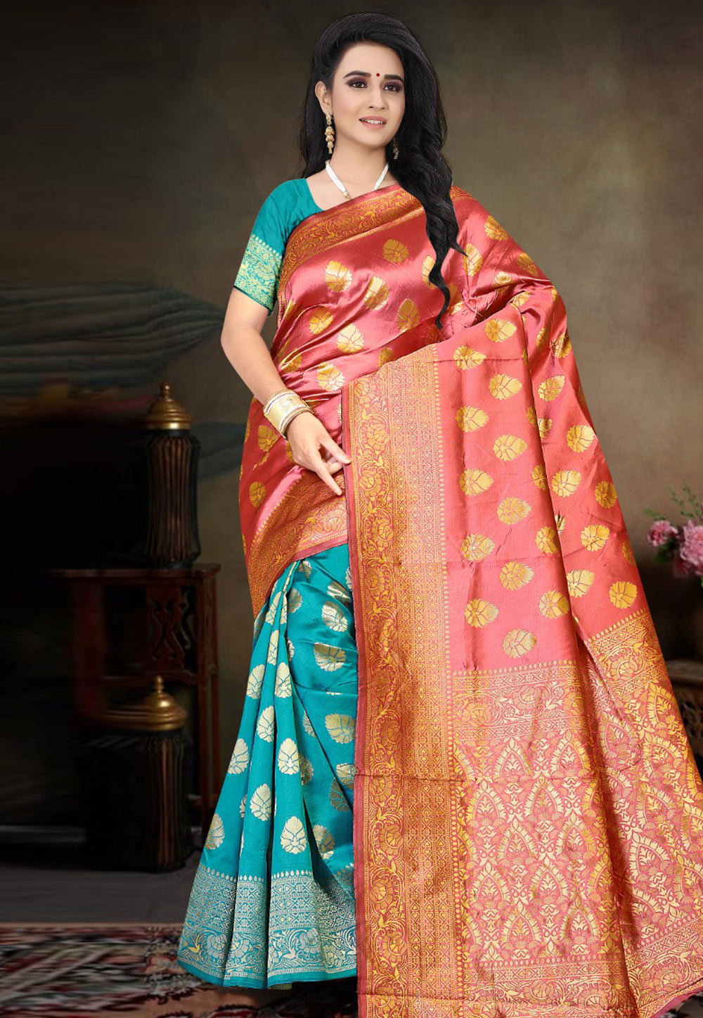 Pink Banarasi Silk Half N Half Saree 205732