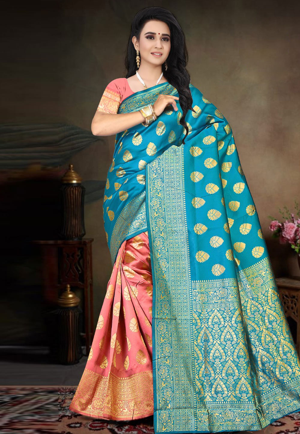 Turquoise Banarasi Silk Half N Half Saree 205733
