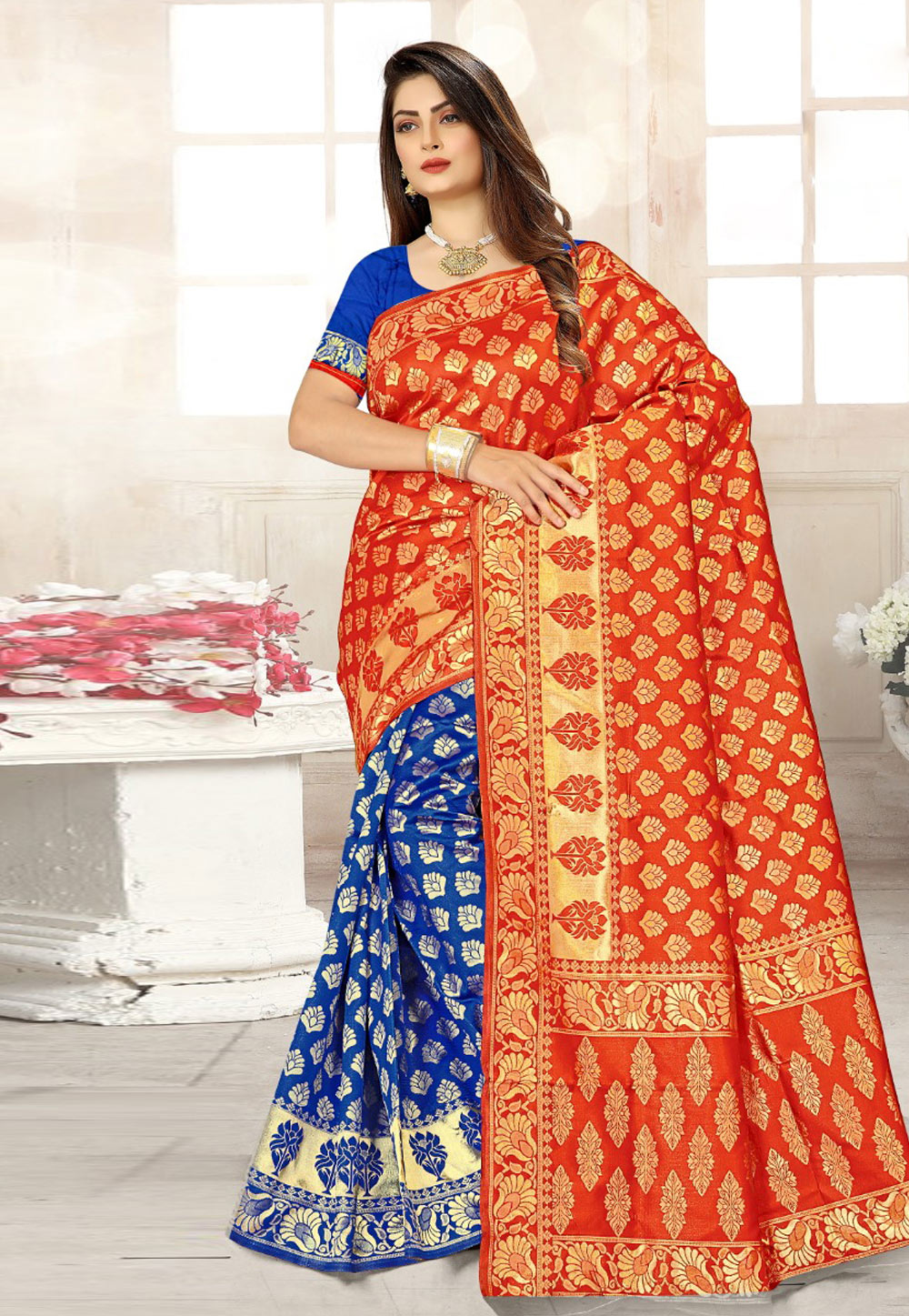 Red Banarasi Silk Half N Half Saree 205735
