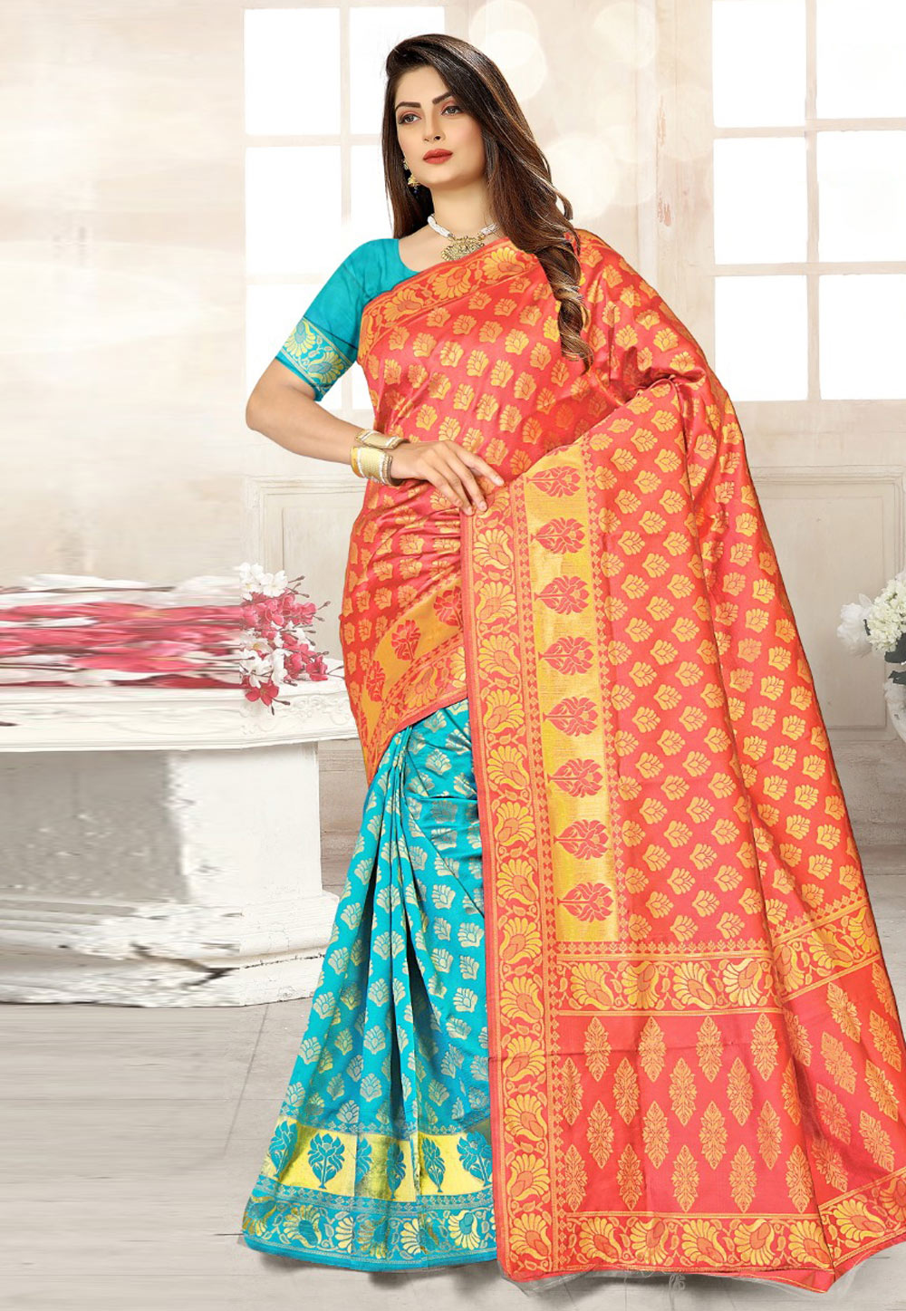 Pink Banarasi Silk Half N Half Saree 205737