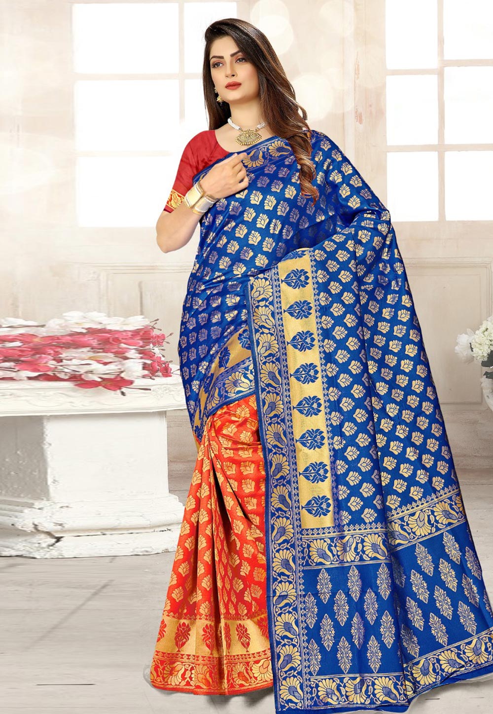 Blue Banarasi Silk Half N Half Saree 205738