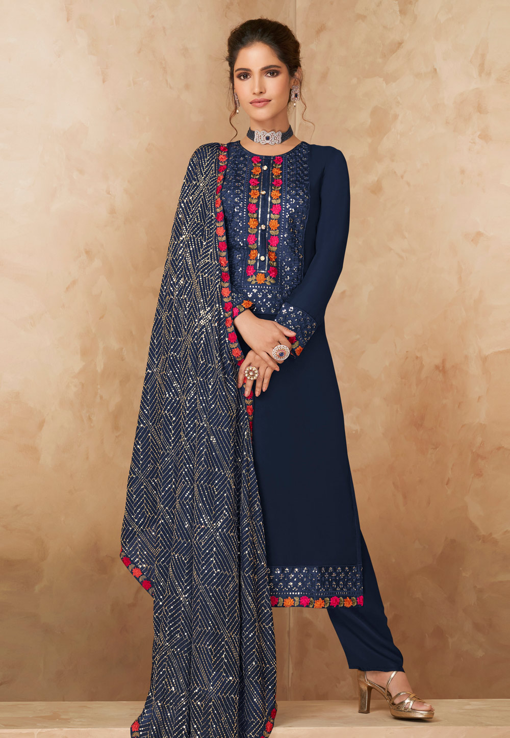 Navy Blue Faux Georgette Readymade Pant Style Suit 237090