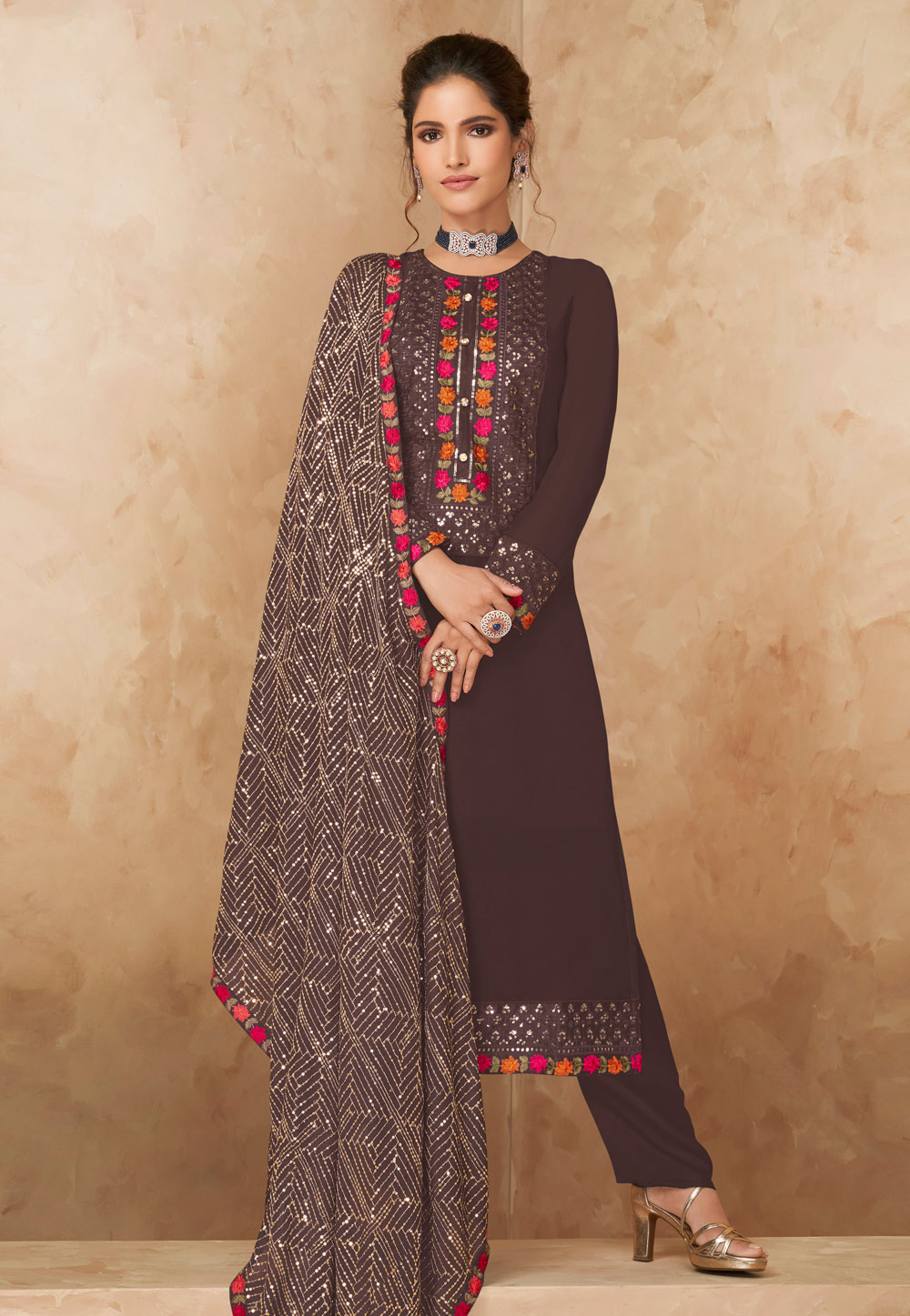 Brown Faux Georgette Readymade Kameez With Pant 237091