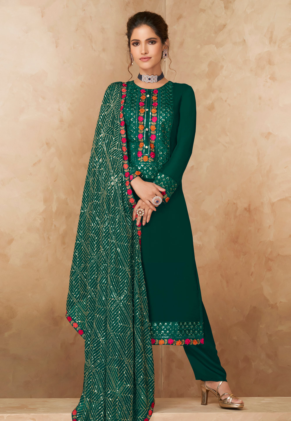 Green Faux Georgette Readymade Pant Style Suit 237092
