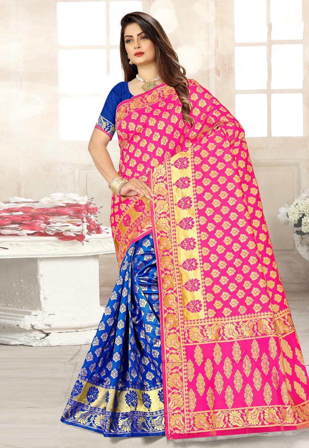 Pink Banarasi Silk Half N Half Saree 205739