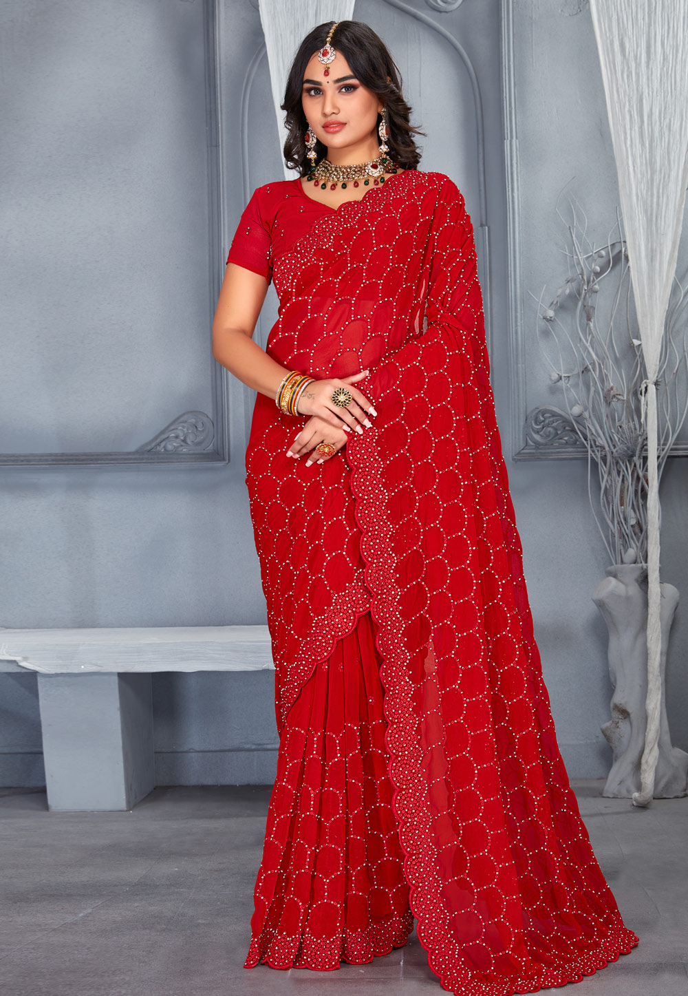 Red Georgette Saree With Blouse 250345