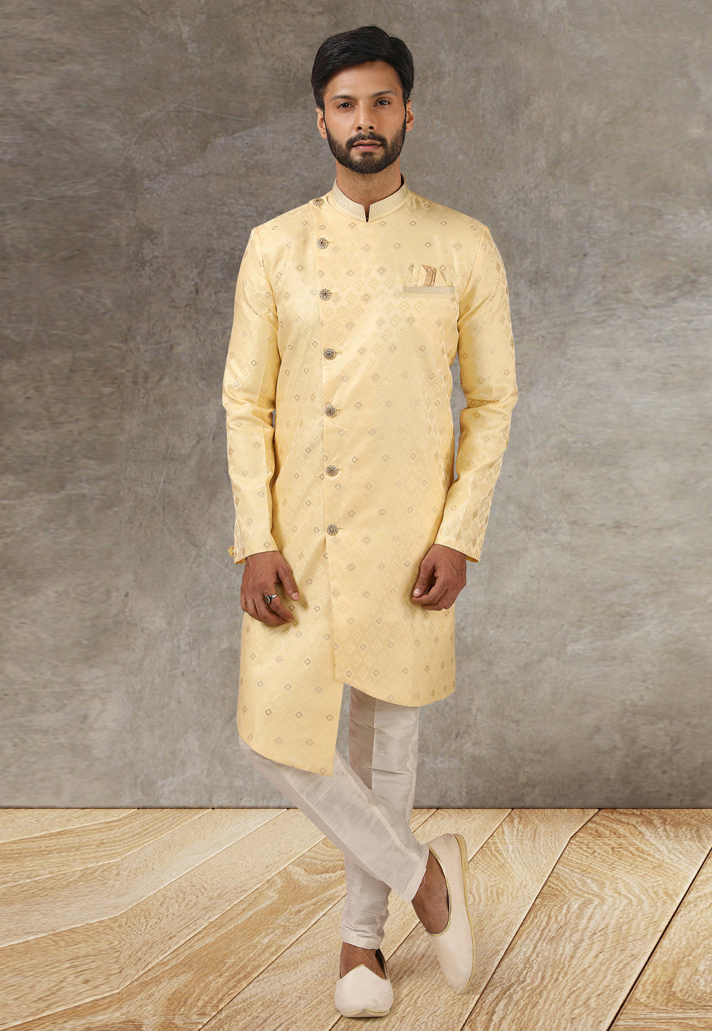 Yellow Jacquard Silk Indo Western Suit 245681
