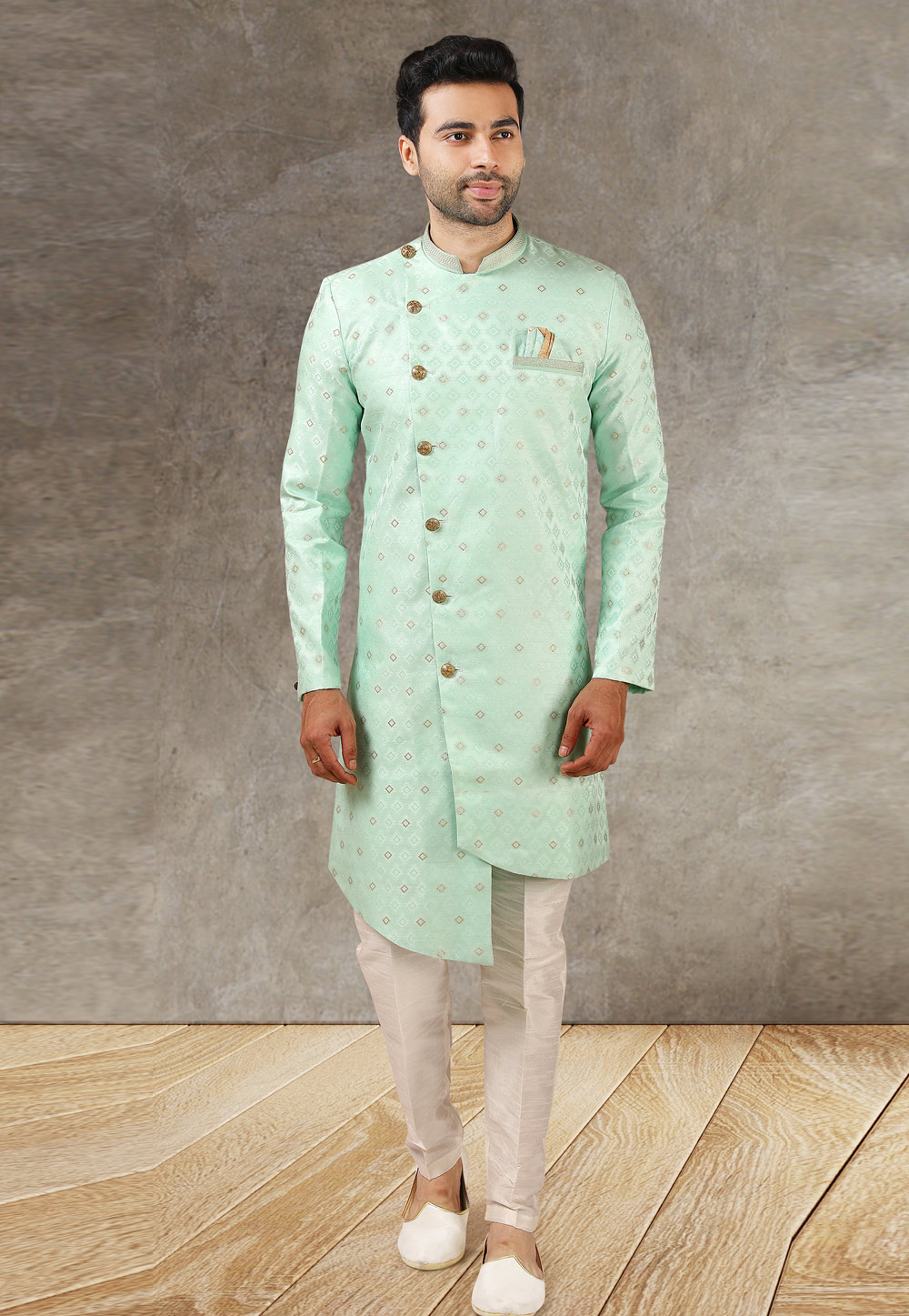 Sea Green Jacquard Silk Indo Western Suit 245682
