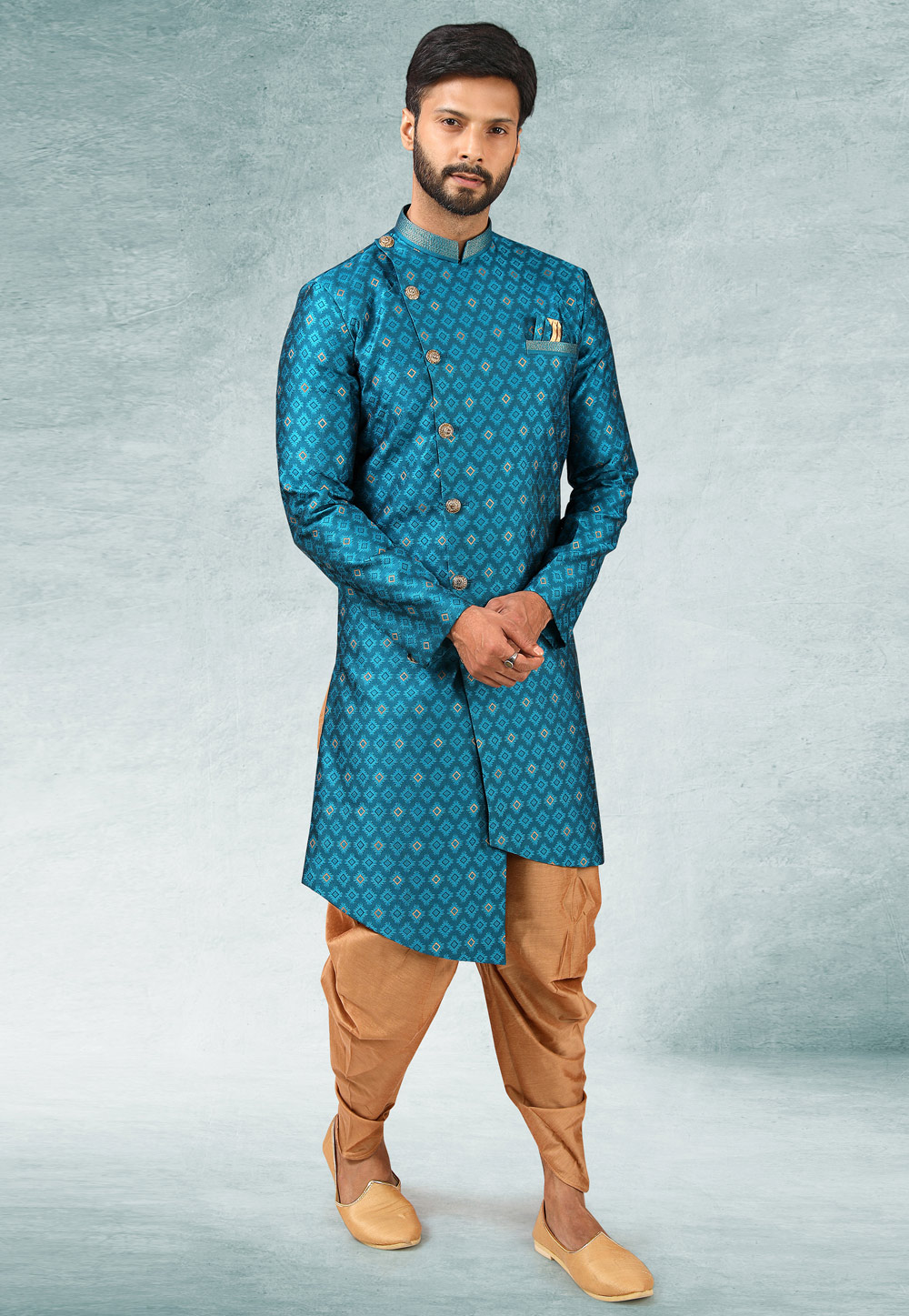 Blue Jacquard Silk Indo Western Suit 245683