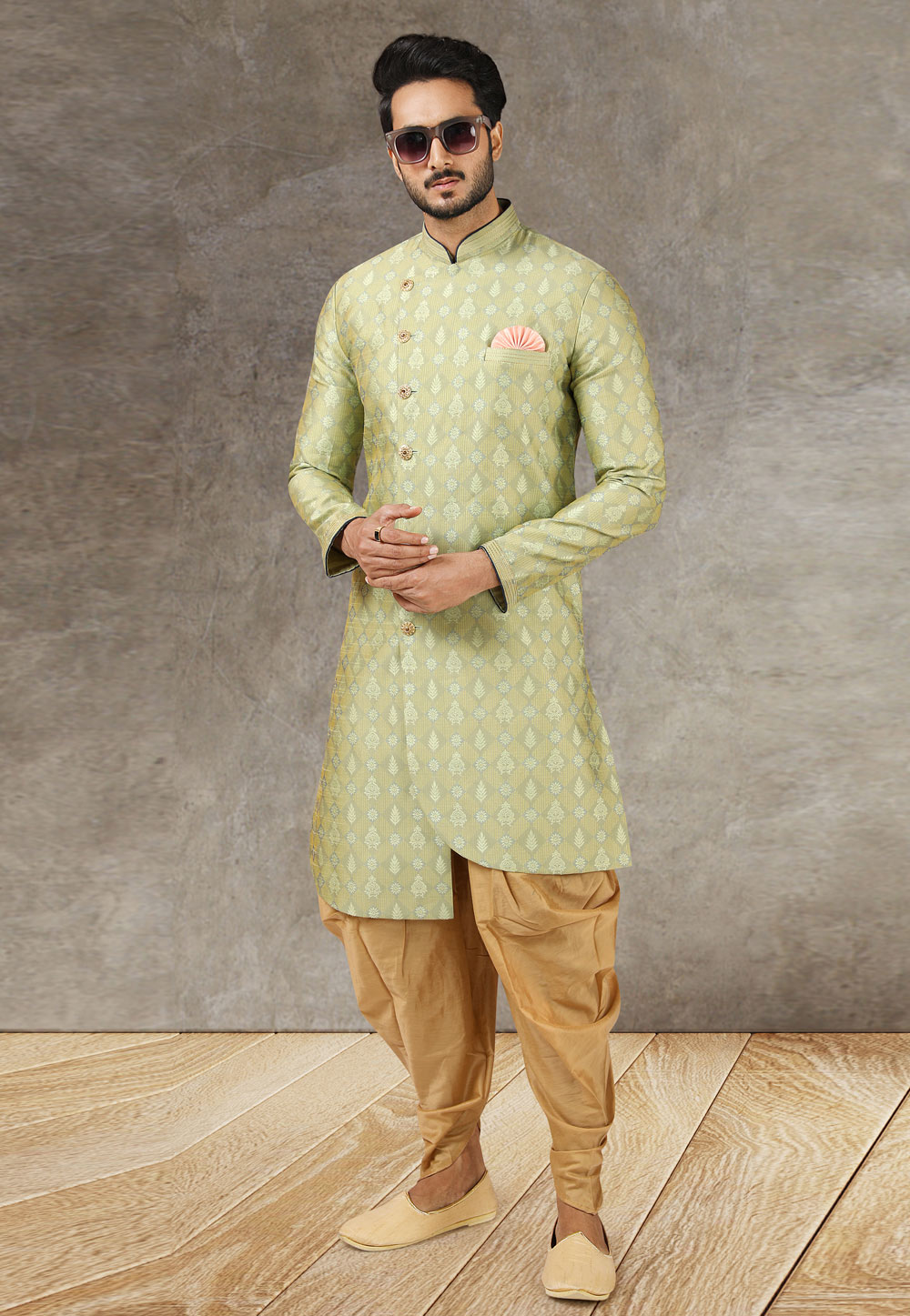 Pista Green Jacquard Silk Indo Western Suit 245685