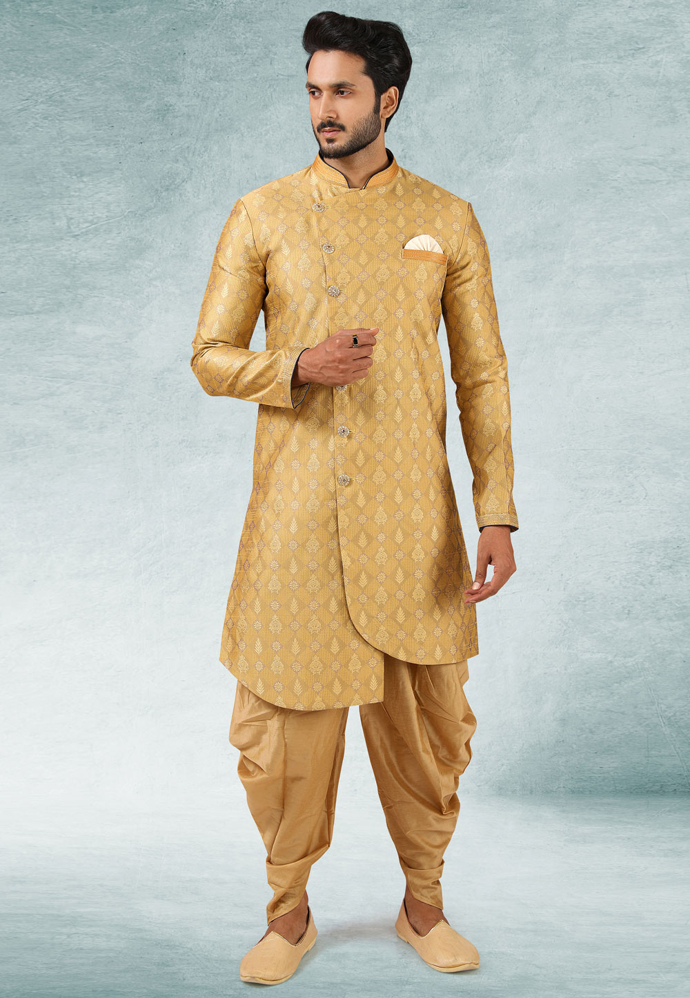 Golden Jacquard Silk Indo Western Suit 245686