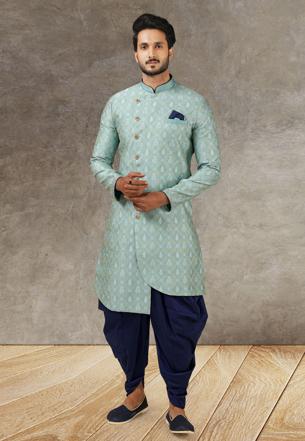 Sky Blue Jacquard Silk Indo Western Suit 245687