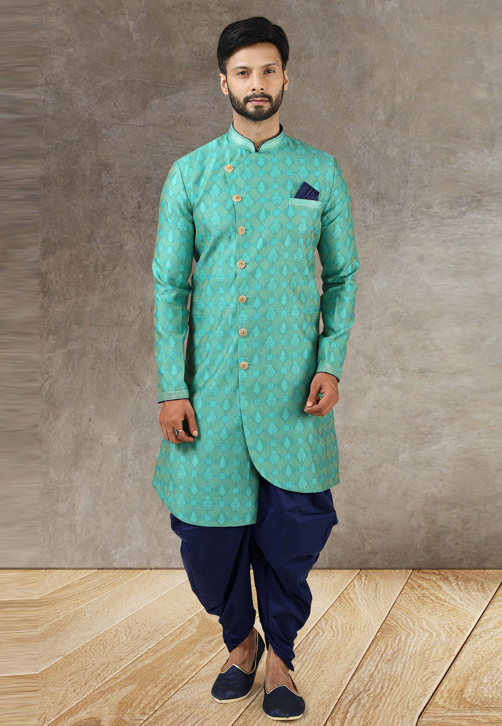 Sea Green Jacquard Silk Indo Western Suit 245689