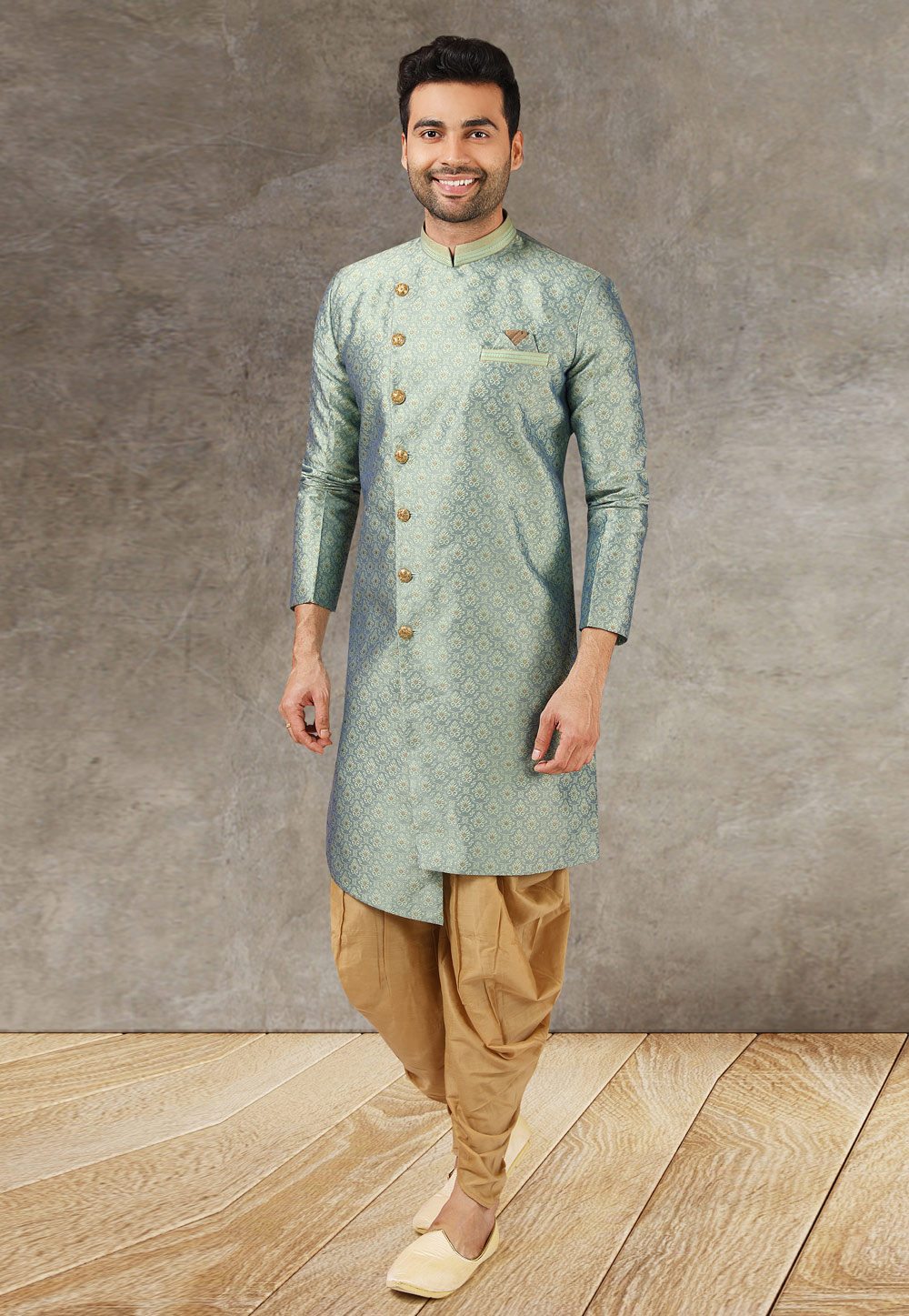 Sea Green Jacquard Silk Indo Western Suit 245690