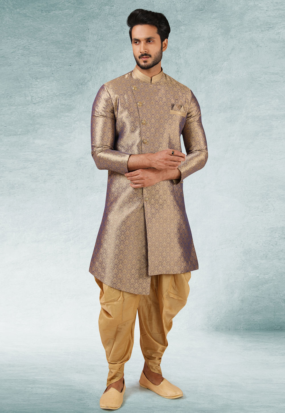 Brown Jacquard Silk Indo Western Suit 245691