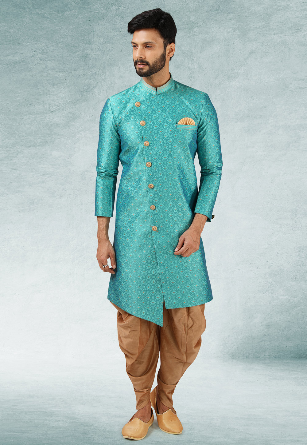 Aqua Jacquard Silk Indo Western Suit 245692