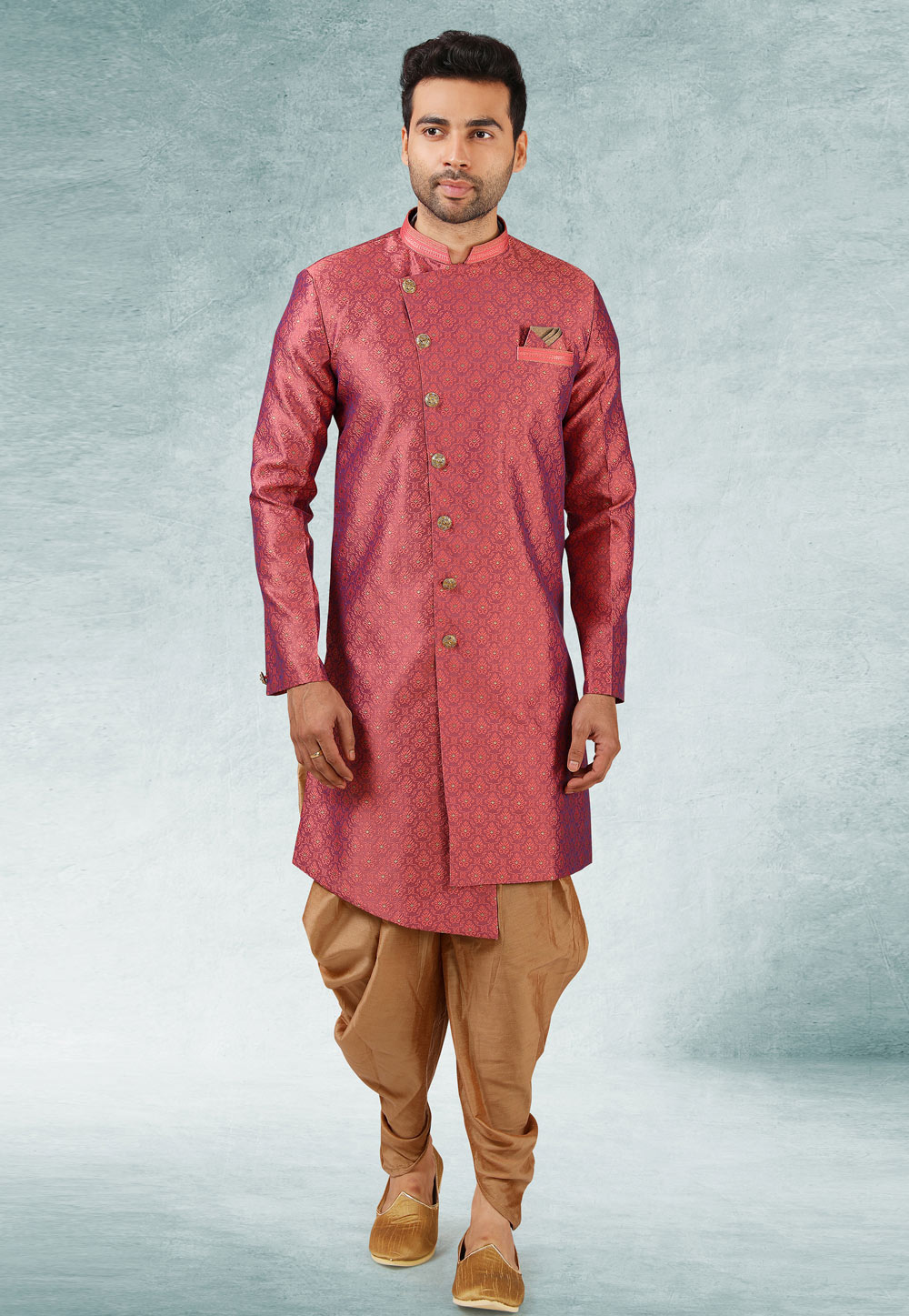 Pink Jacquard Silk Indo Western Suit 245693