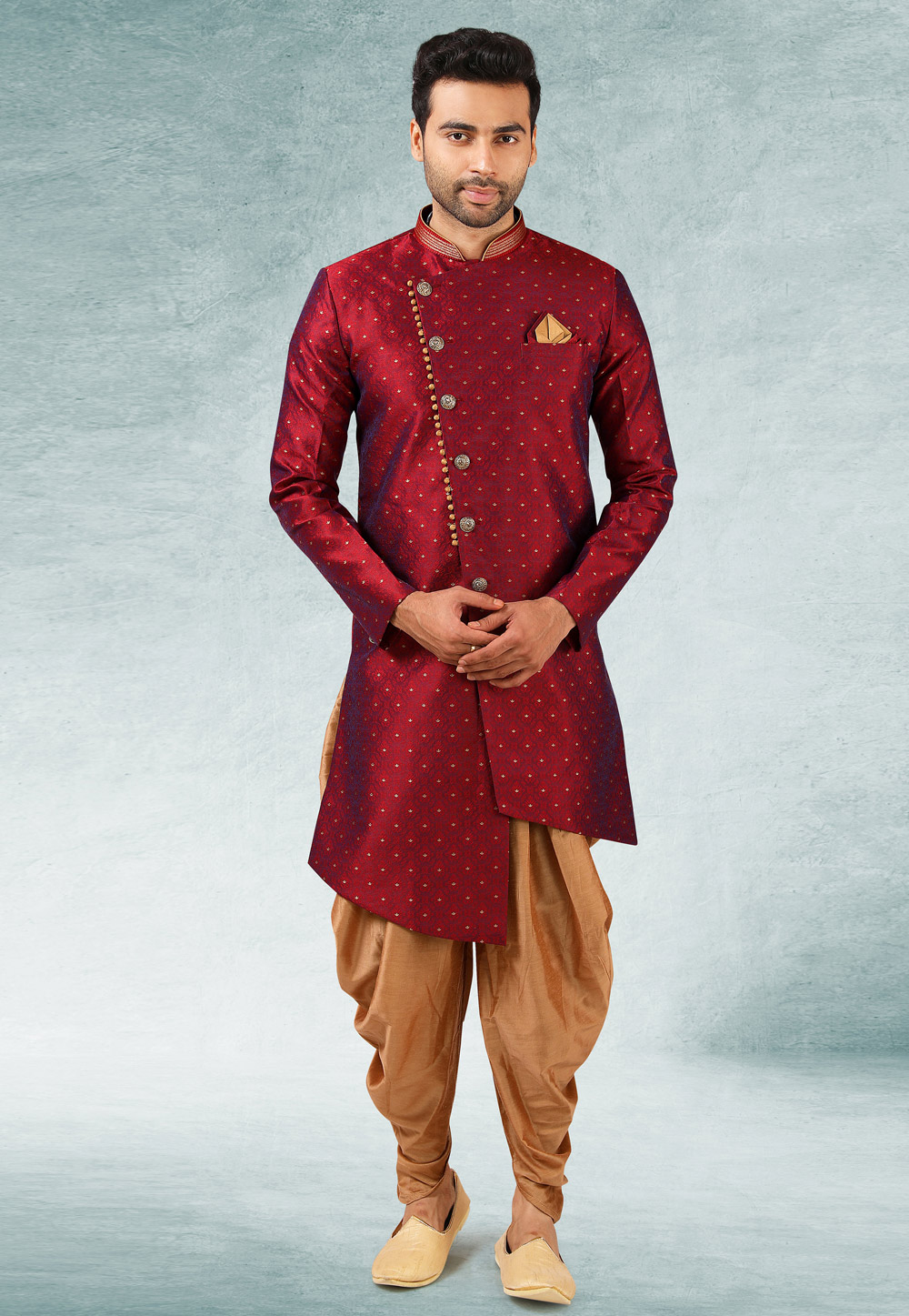 Maroon Jacquard Silk Indo Western Suit 245694