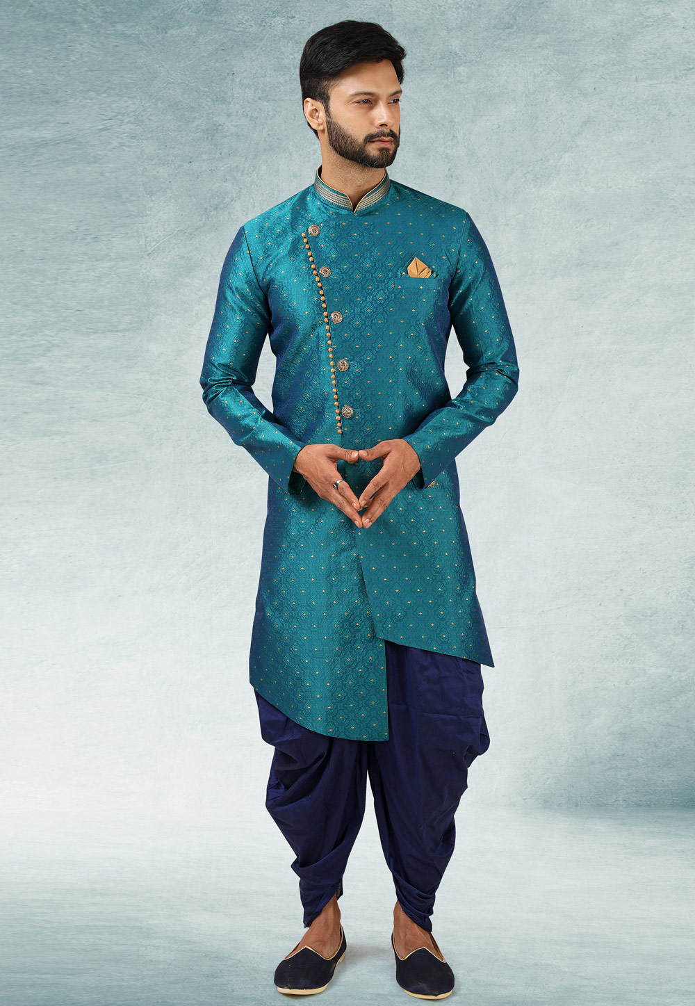 Teal Jacquard Silk Indo Western Suit 245695