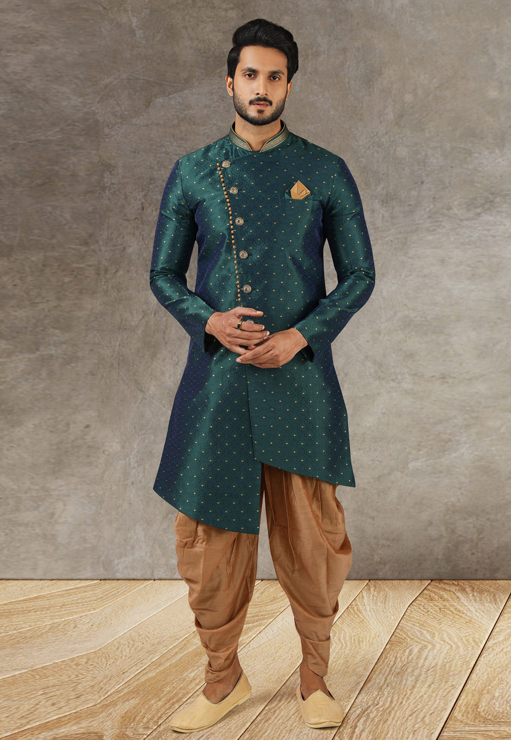 Green Jacquard Silk Indo Western Suit 245696