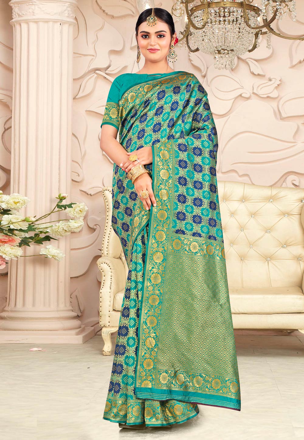 Turquoise Silk Saree With Blouse 243099