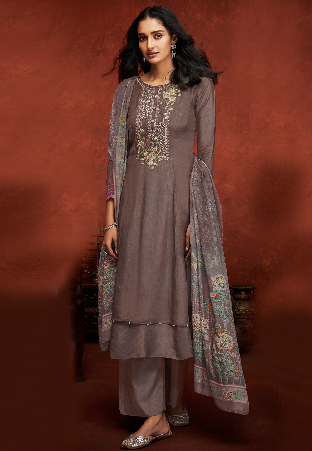 Brown Viscose Readymade Palazzo Suit 237094