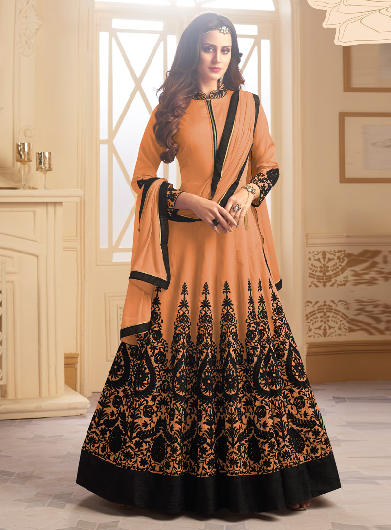 Orange Taffeta Silk Readymade Ankle Length Anarkali Suit 130702