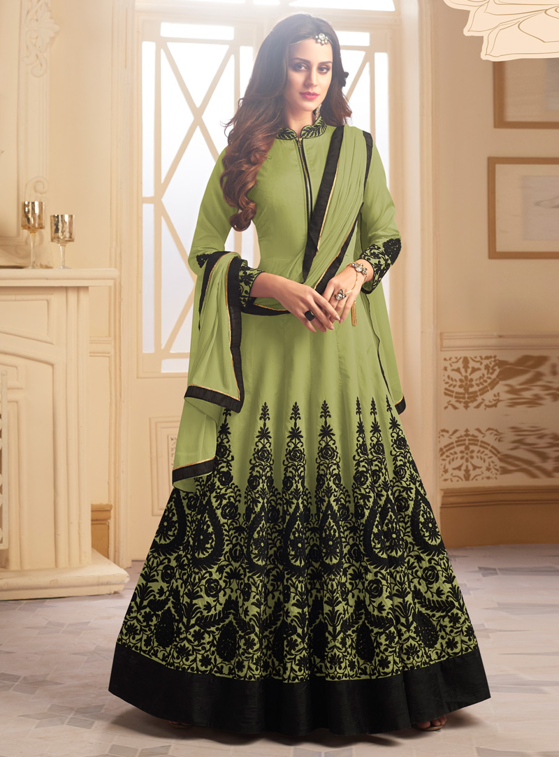Green Taffeta Silk Readymade Ankle Length Anarkali Suit 130703