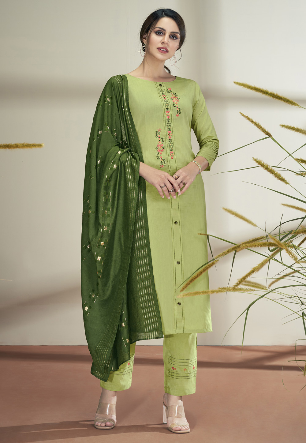 Light Green Chinon Silk Readymade Kameez With Pant 237215