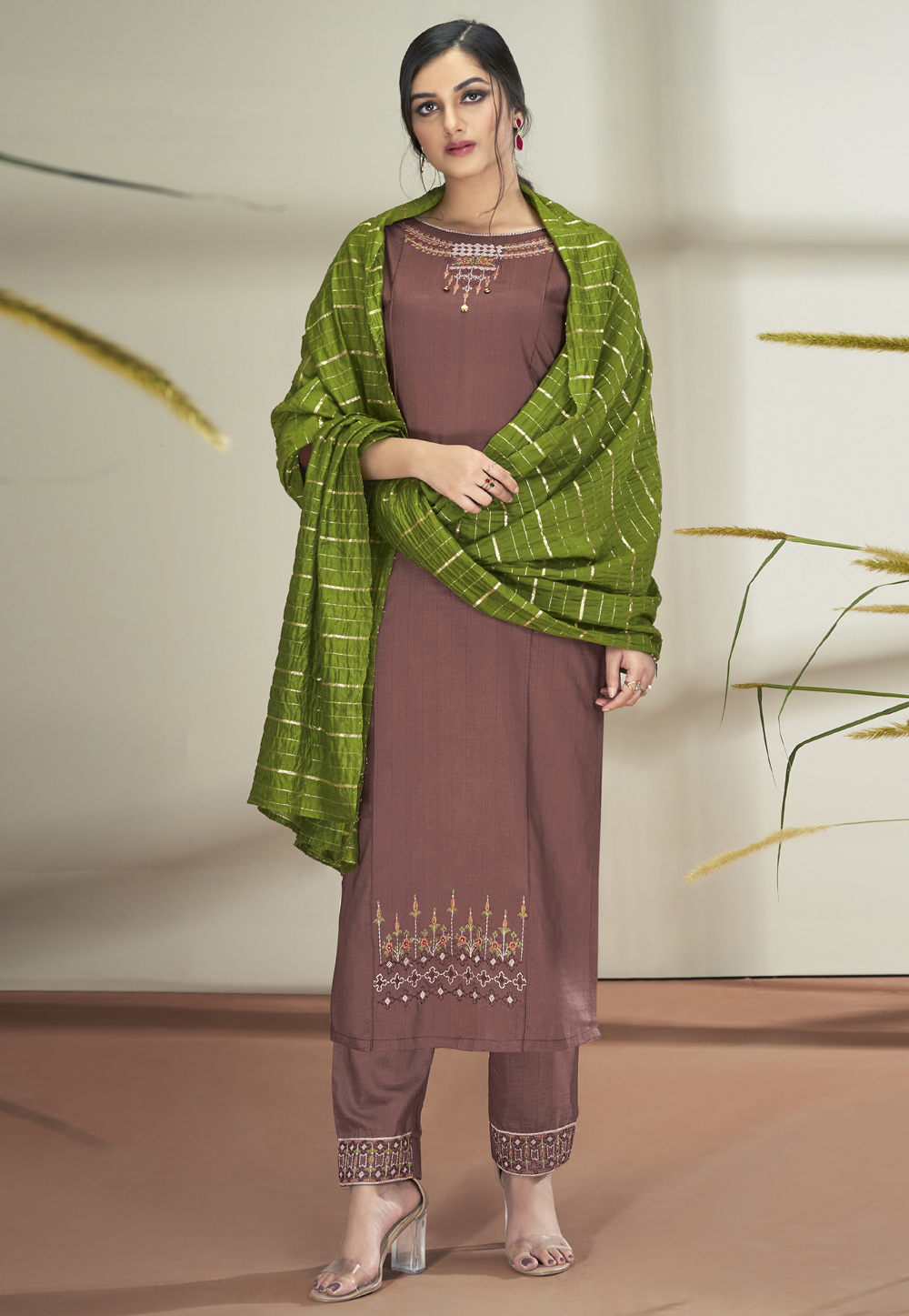 Brown Chinon Silk Readymade Pant Style Suit 237220