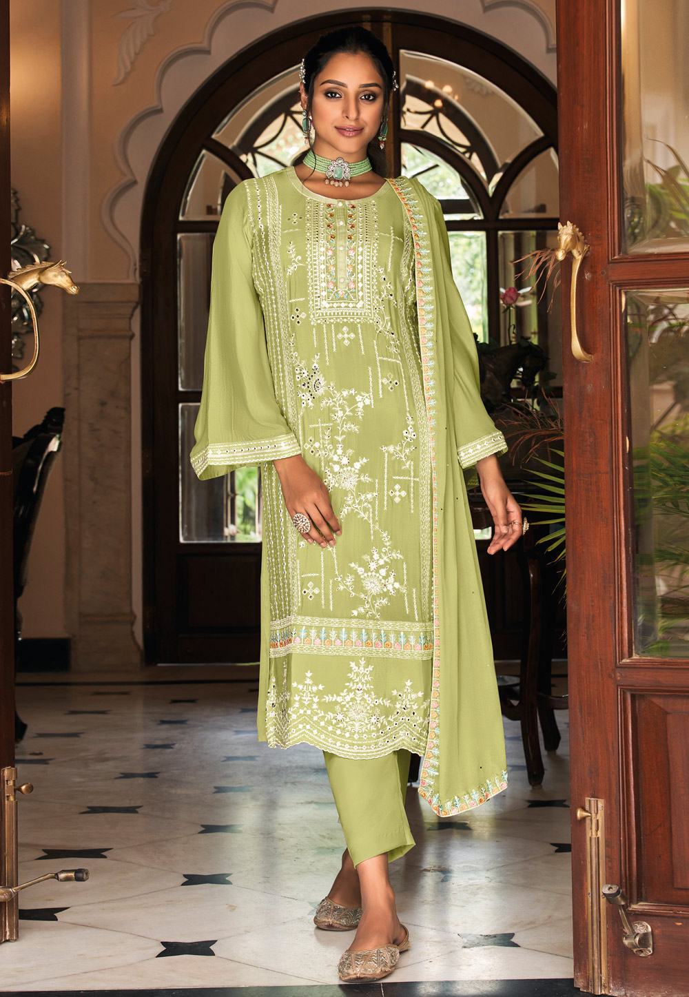 Light Green Chinon Pant Style Suit 247312