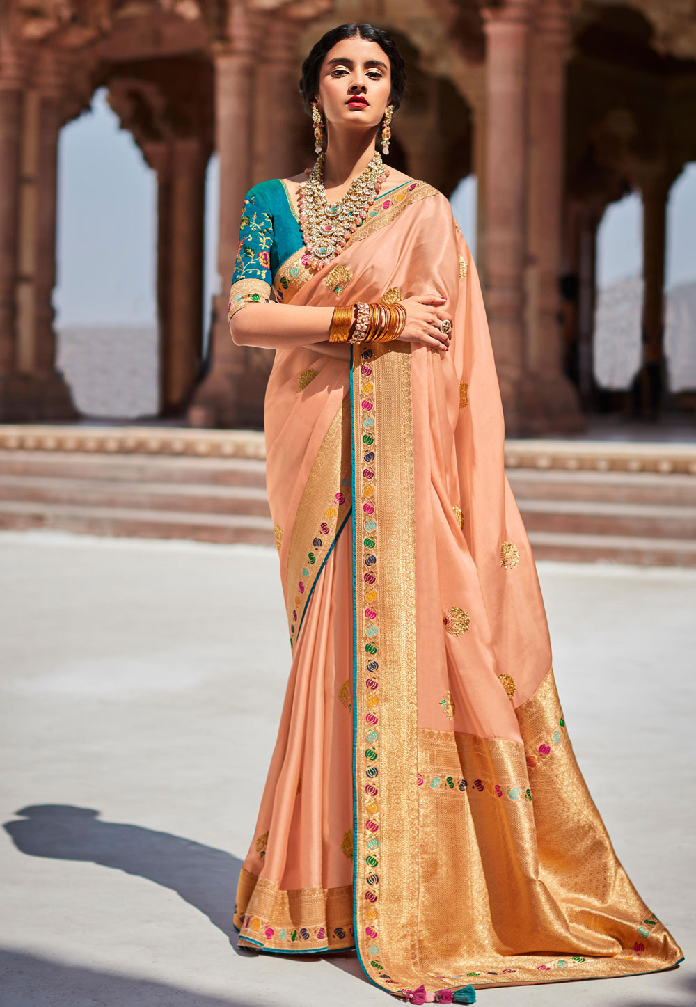 Buy Maroon & Peach Saree with Peach Blouse | Designer Wear | TheHLabel