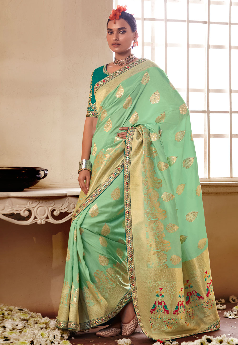 Pista Green Silk Saree With Blouse 254343