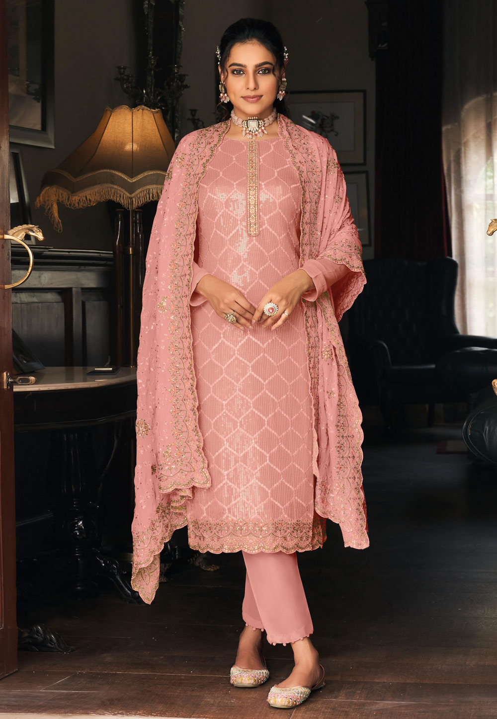 Pink Georgette Straight Suit 247313