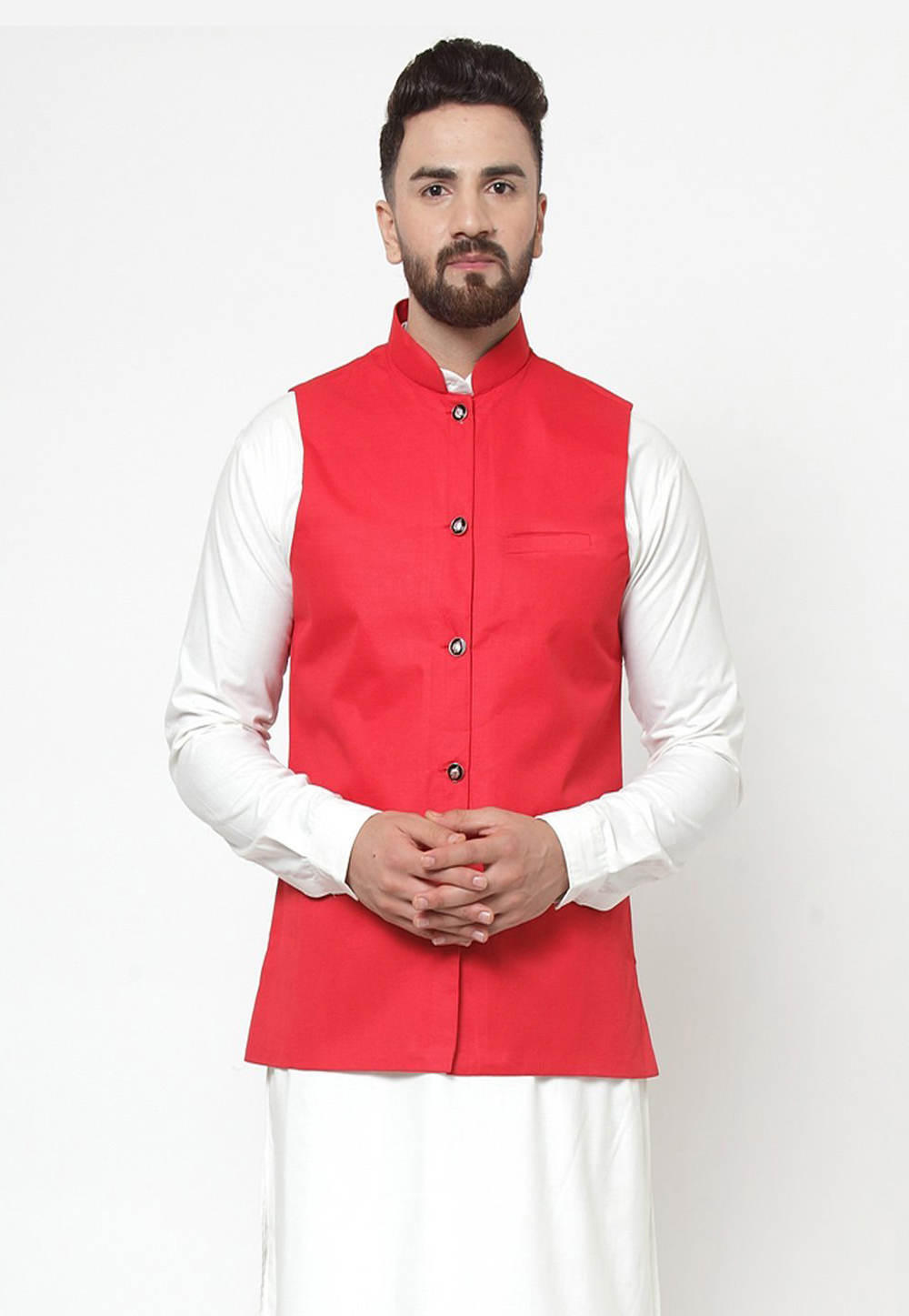 Red Cotton Nehru Jacket 216259