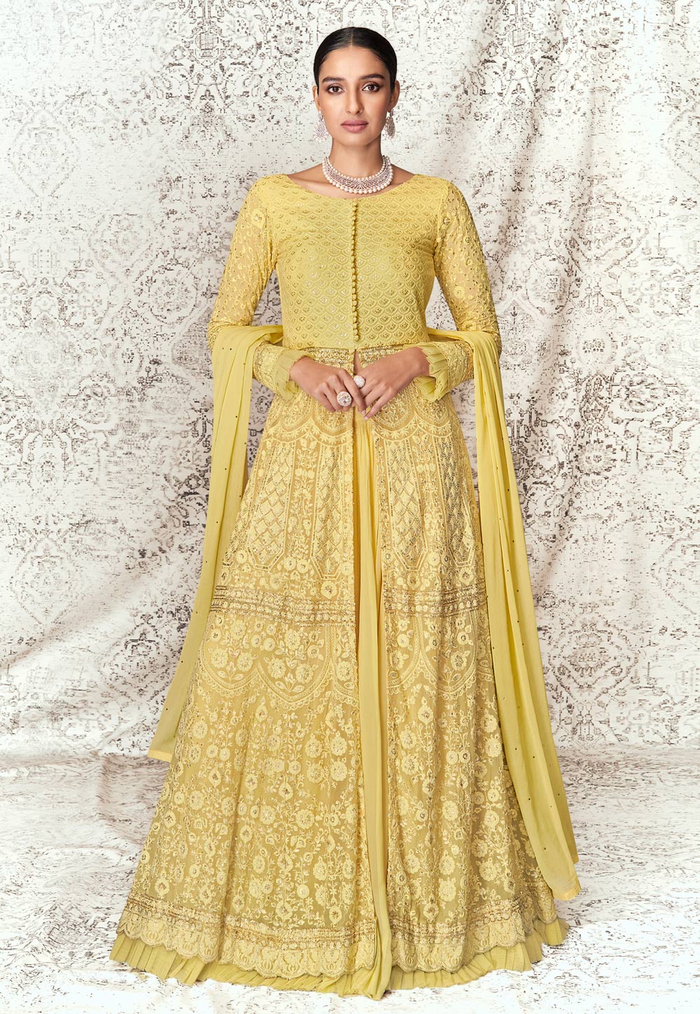 Yellow Georgette Embroidered Indo Western Lehenga Choli 245944