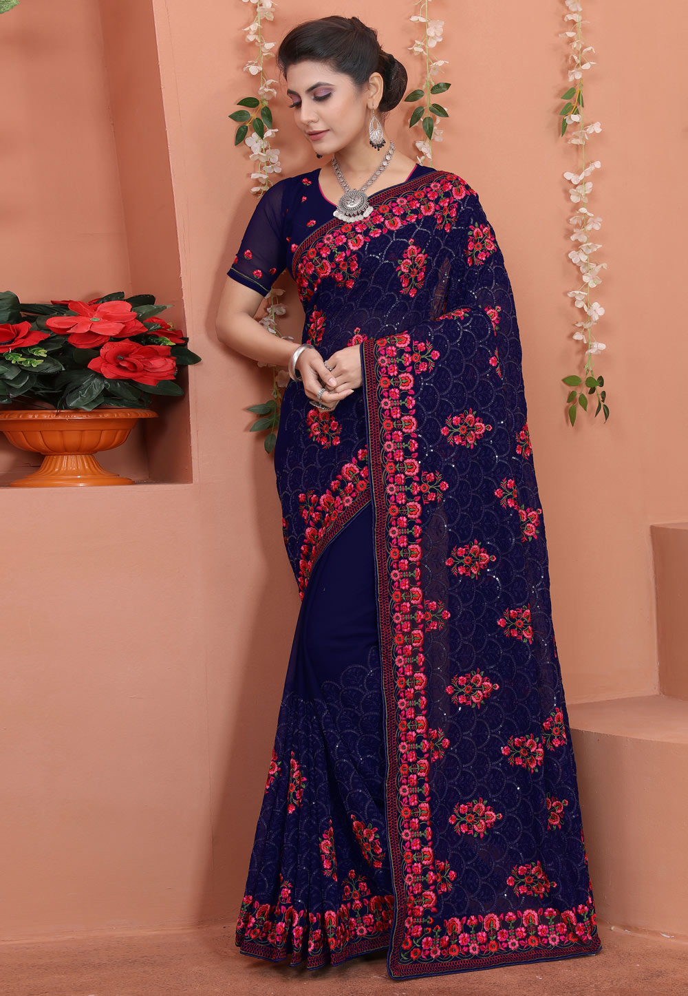 Navy Blue Georgette Saree With Blouse 249998