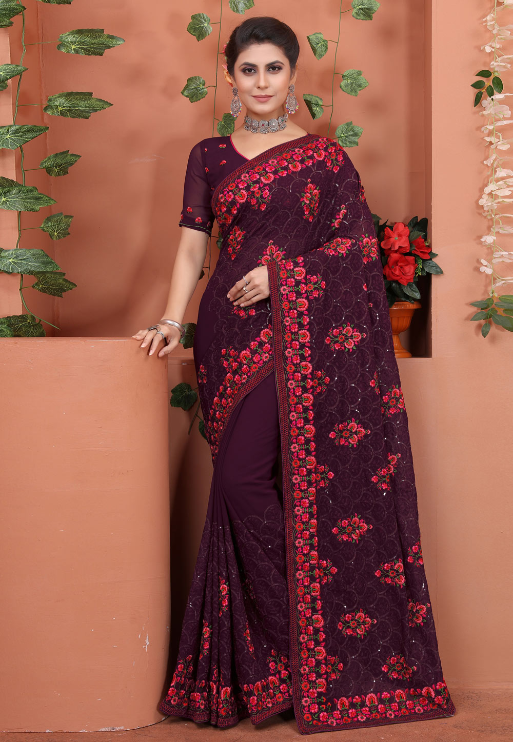Wine Georgette Saree With Blouse 249999
