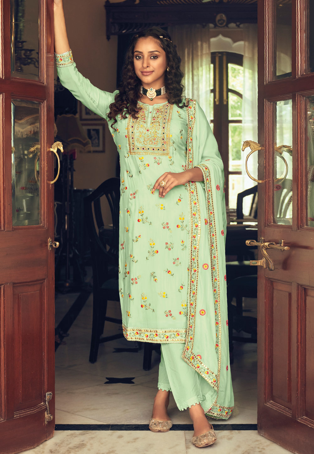 Light Green Chinon Pant Style Suit 248100
