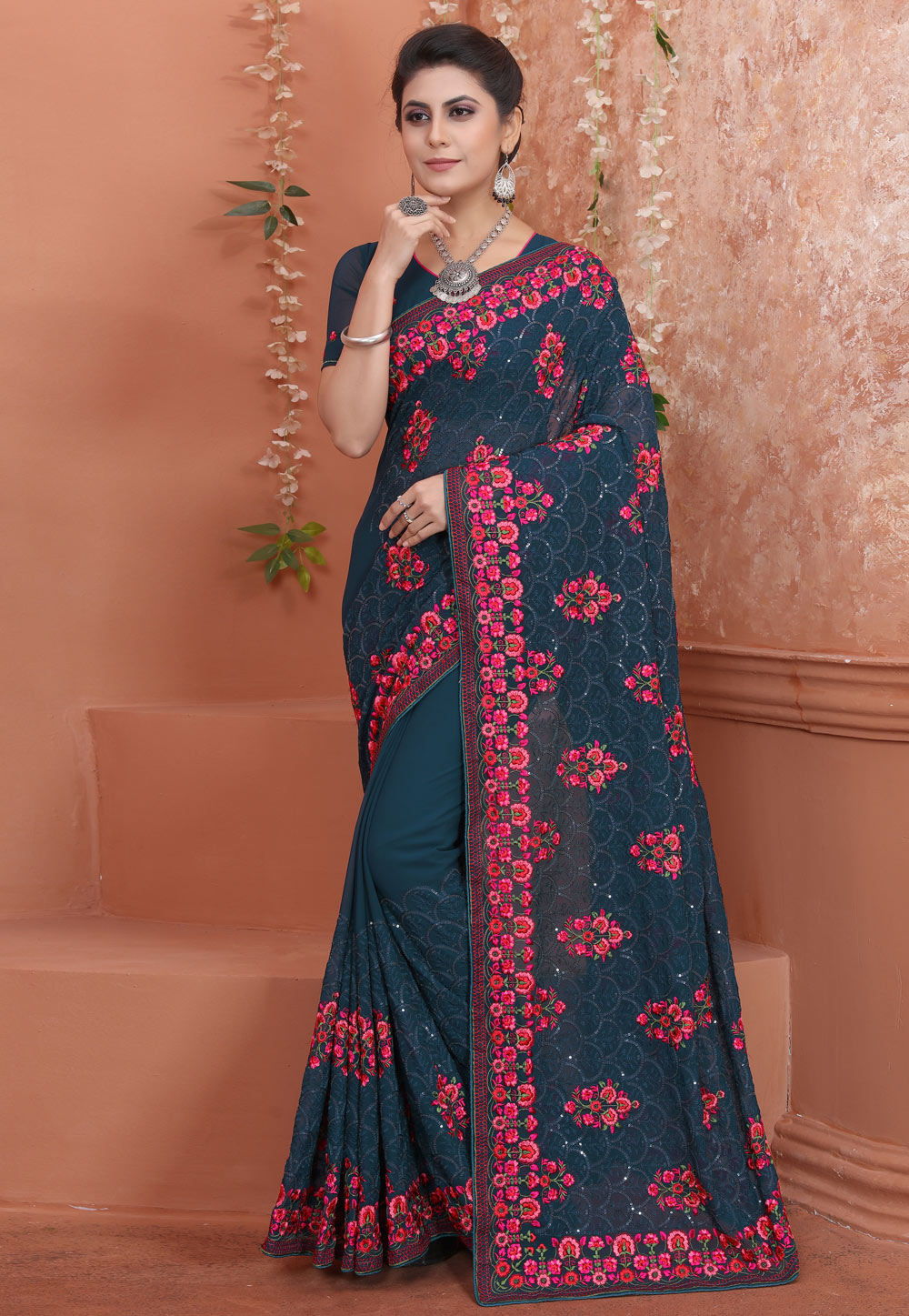 Teal Georgette Saree With Blouse 250000