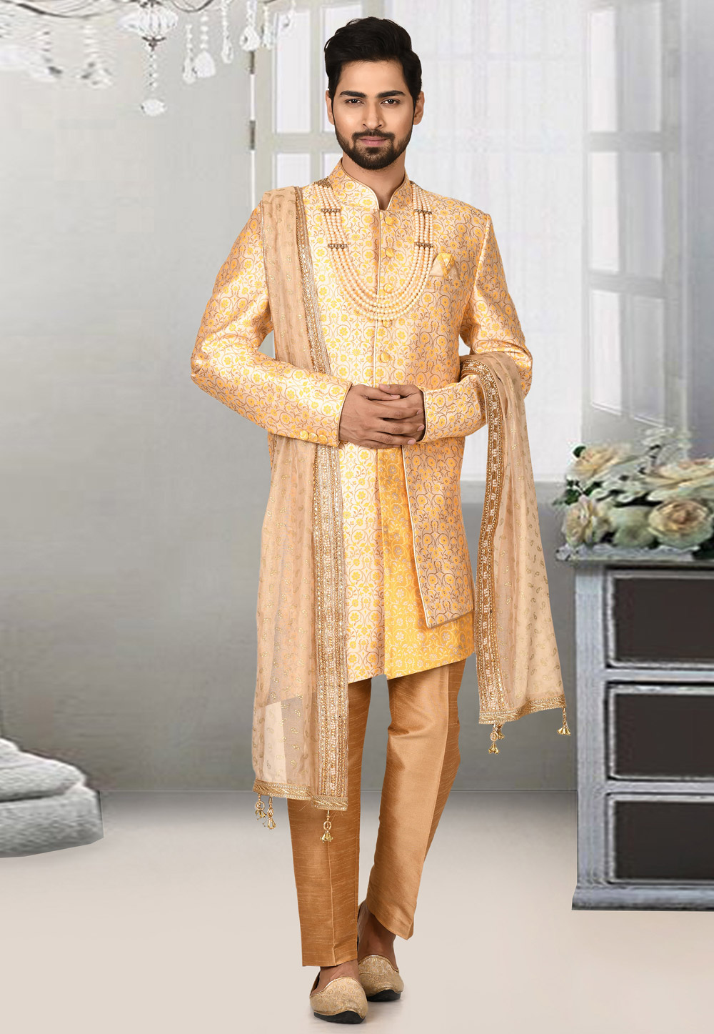 Golden Jacquard Indo Western Sherwani 243508