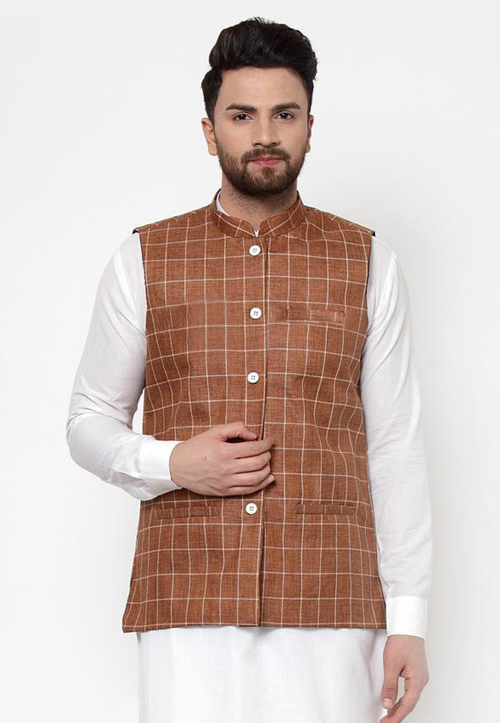 Brown Cotton Nehru Jacket 216265
