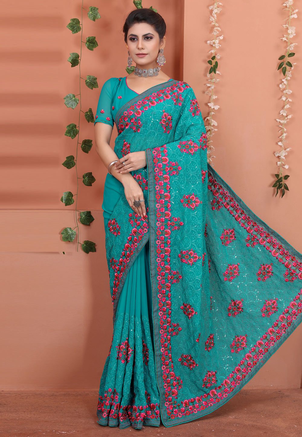 Sky blue georgette saree with blouse 5205