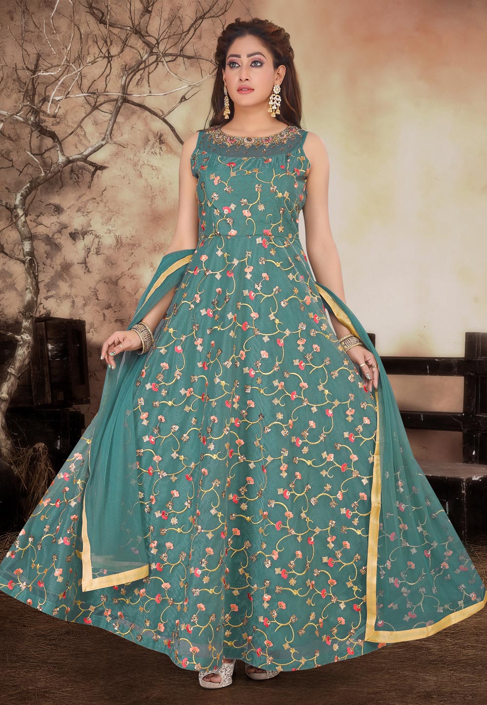 Sea Green Organza Readymade Ankle Length Anarkali Suit 208622