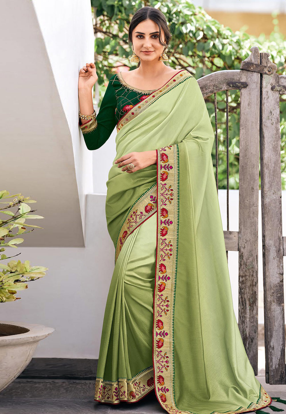 Pista Green Silk Saree With Blouse 244175