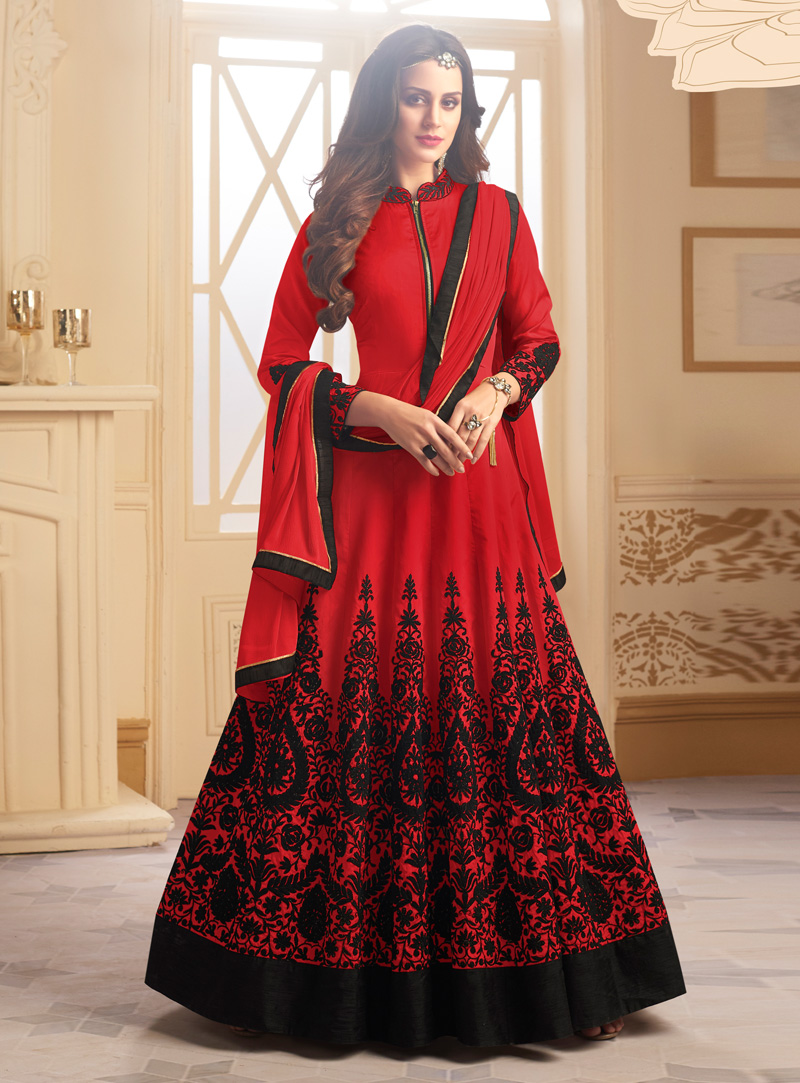 Red Taffeta Silk Readymade Ankle Length Anarkali Suit 121748