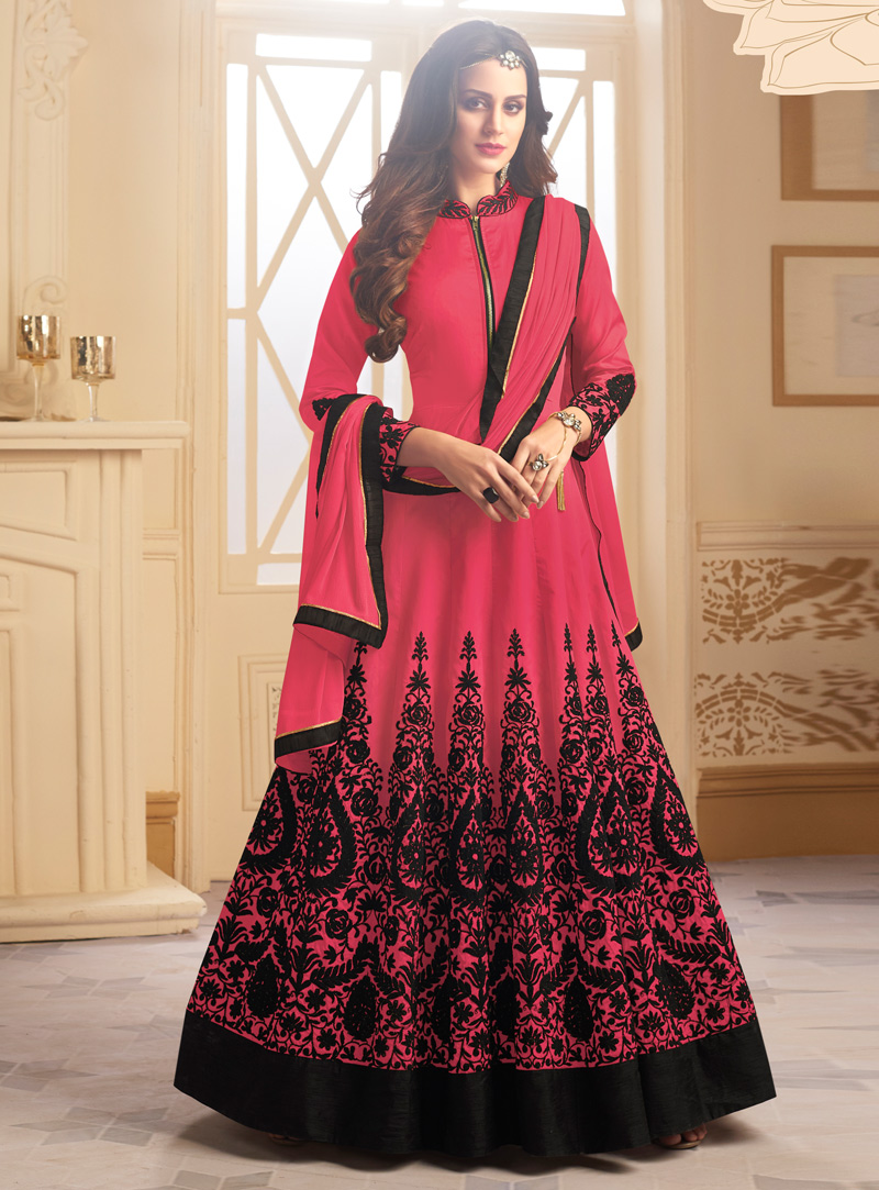 Pink Taffeta Silk Readymade Ankle Length Anarkali Suit 121750