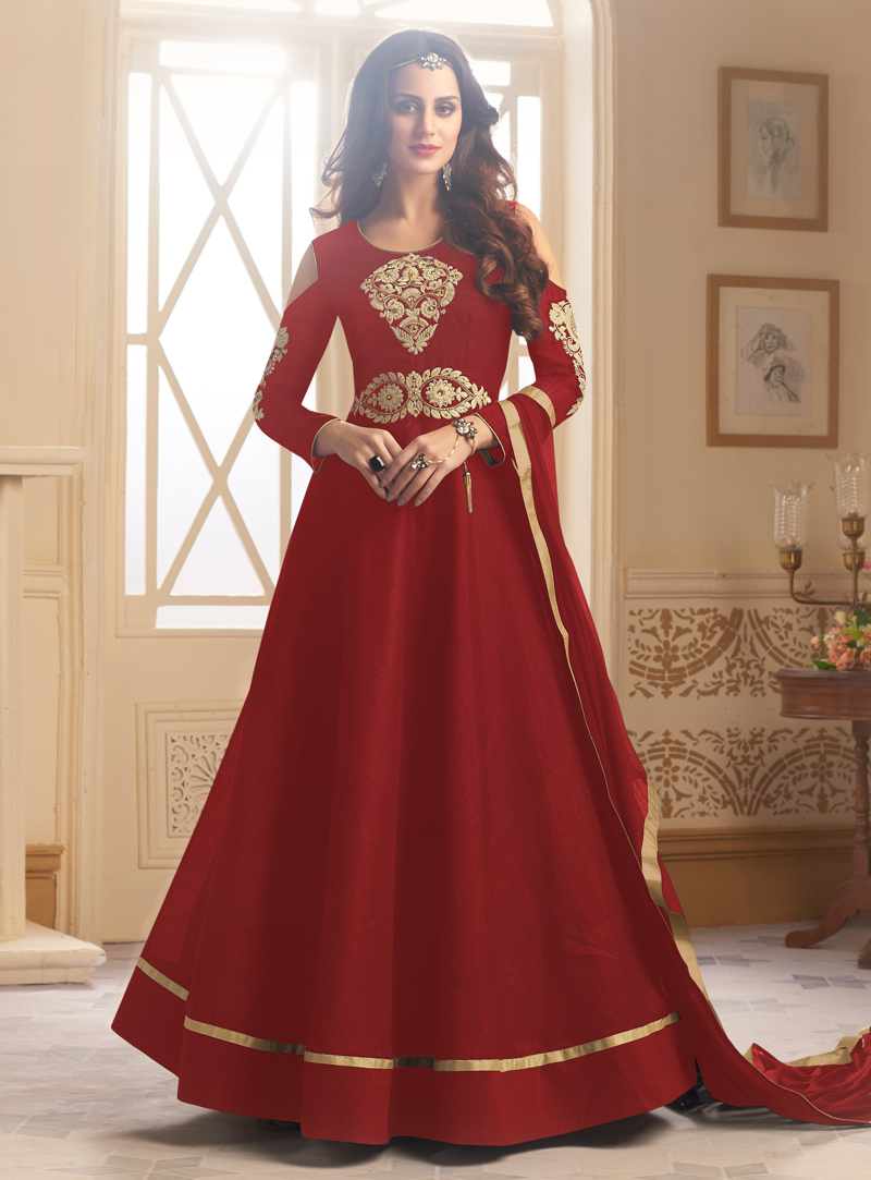 Red Taffeta Silk Readymade Long Anarkali Suit 122870