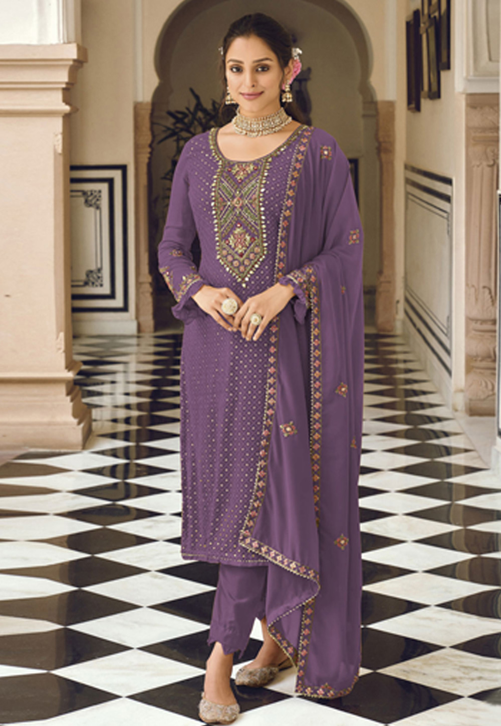 Lavender Faux Georgette Pakistani Suit 256294